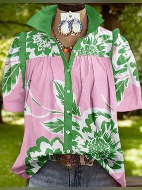 Floral Print Button Front Puff Sleeve Top For Spring And Summer